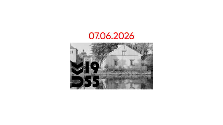 The date 07/06/2026 is centred above a black-and-white photograph of a riverside house, with large black numerals superimposed around the foreground