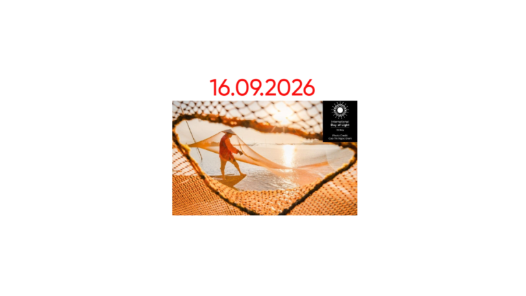 International Day of Light Photo Contest — a photography competition - ART CURATOR The date 16 September 2026 is shown above a fisherman on a boat, seen through orange fishing nets, with the International Day of Light logo in the corner.