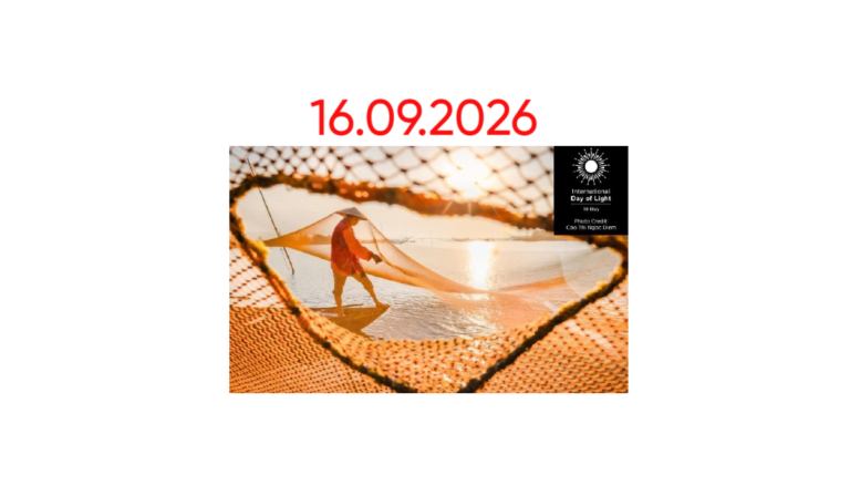 The date 16 September 2026 is shown above a fisherman on a boat, seen through orange fishing nets, with the International Day of Light logo in the corner.