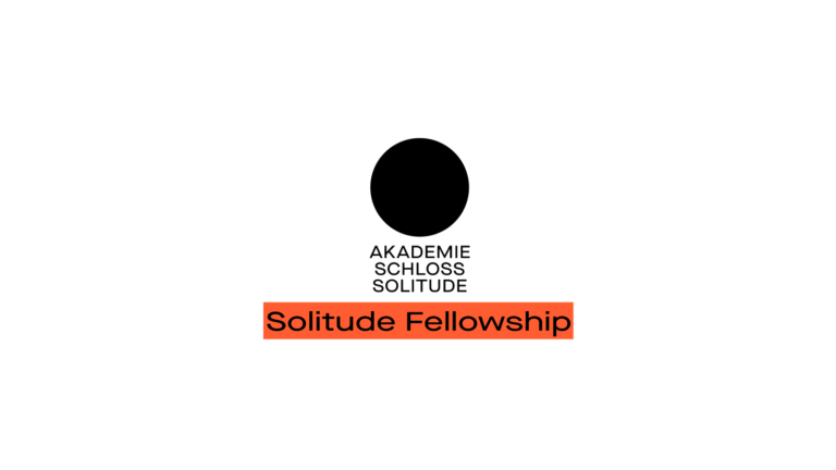 Logo for Akademie Schloss Solitude featuring a black circle above the name and an orange strip bearing the words ‘Solitude Fellowship’ on a white background.