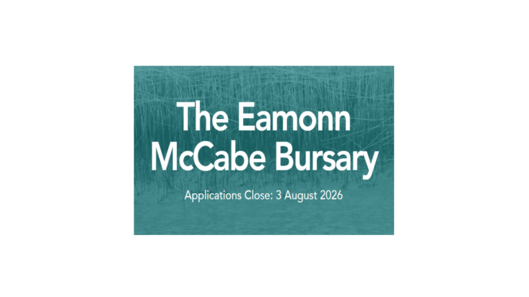 Teal banner announcing The Eamon McCabe Bursary with deadline 'Applications Close: 3 August 2026'.