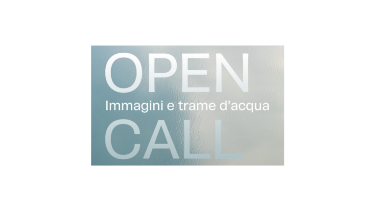 Poster with the words OPEN CALL and 'Immagini e trame d'acqua' over a pale blue water texture. Remember to describe function or message if used as a button or banner, but this is informational.