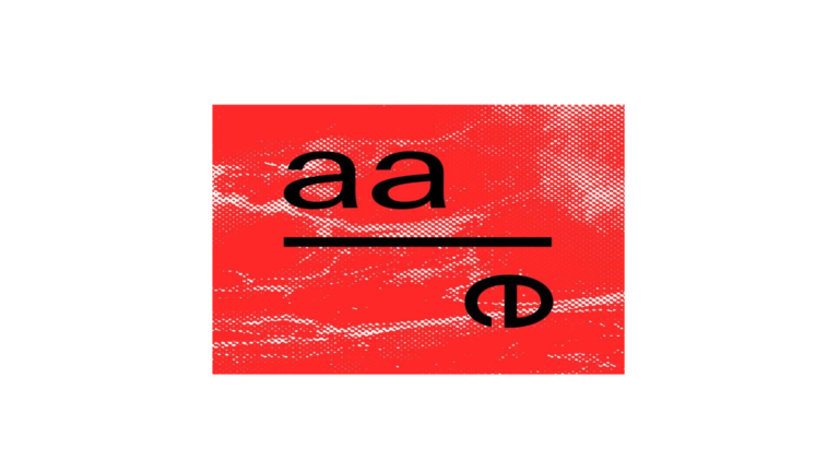 Red abstract graphic with the text 'aa' above a thick horizontal bar and a stylized 'e' in the lower right, over a halftone pattern.
